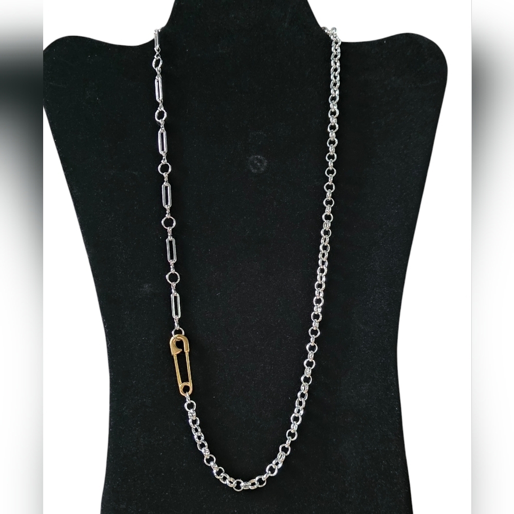 24 inch Stainless Steel Mixed Chain Necklace with Brass Safety Pin Charm Detail